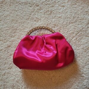 Vibrant Fuchsia Satin Clutch with Beaded Handle